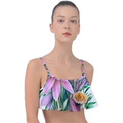 Watercolor Flowers Botanical Foliage Frill Bikini Top by GardenOfOphir