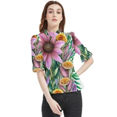 Watercolor Flowers Botanical Foliage Frill Neck Blouse