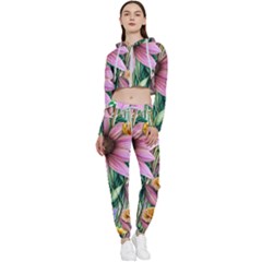 Watercolor Flowers Botanical Foliage Cropped Zip Up Lounge Set by GardenOfOphir