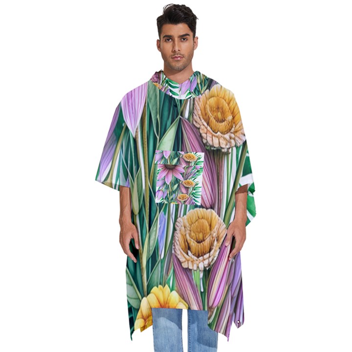 Watercolor Flowers Botanical Foliage Men s Hooded Rain Ponchos