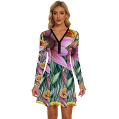 Watercolor Flowers Botanical Foliage Long Sleeve Deep V Mini Dress 