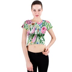 Different Watercolor Flowers Botanical Foliage Crew Neck Crop Top by GardenOfOphir