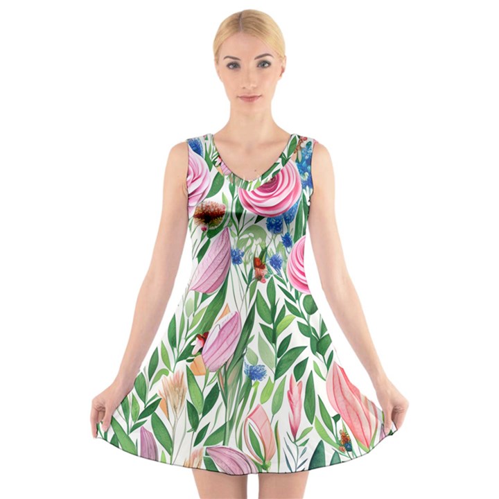 Different Watercolor Flowers Botanical Foliage V-Neck Sleeveless Dress