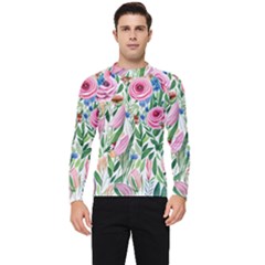 Different Watercolor Flowers Botanical Foliage Men s Long Sleeve Rash Guard by GardenOfOphir