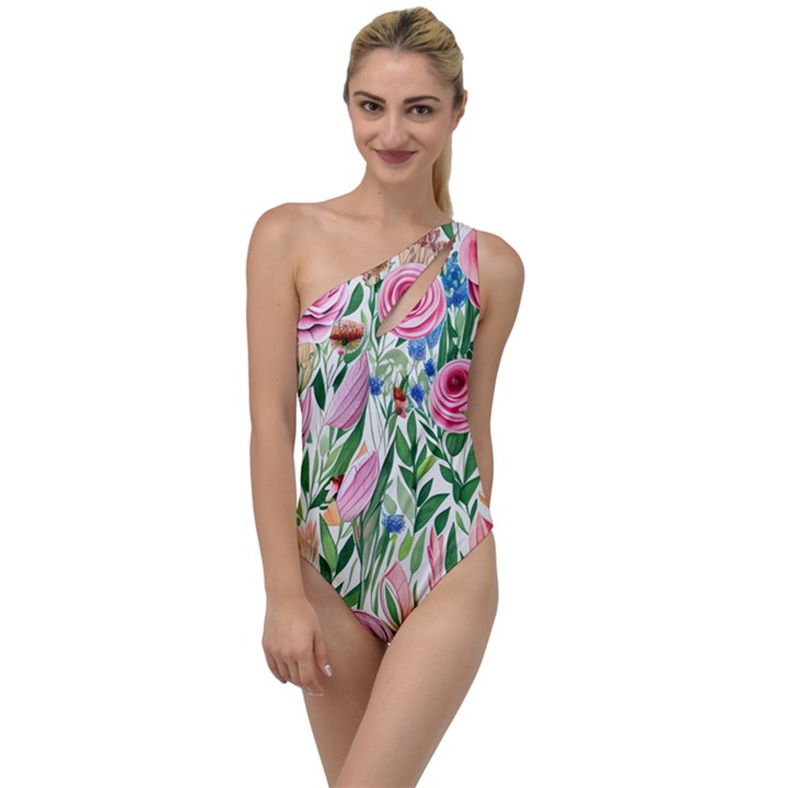 Different Watercolor Flowers Botanical Foliage To One Side Swimsuit