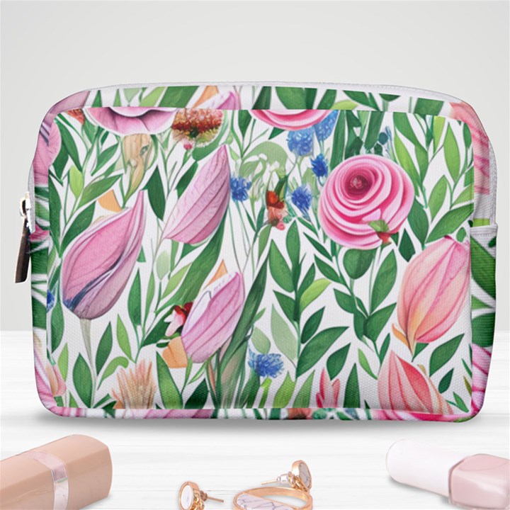 Different Watercolor Flowers Botanical Foliage Make Up Pouch (Medium)