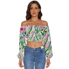 Different Watercolor Flowers Botanical Foliage Long Sleeve Crinkled Weave Crop Top