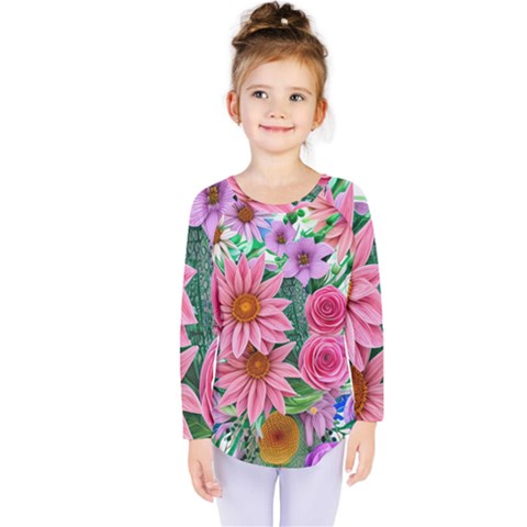 Enchanted Watercolor Flowers Botanical Foliage Kids  Long Sleeve Tee by GardenOfOphir