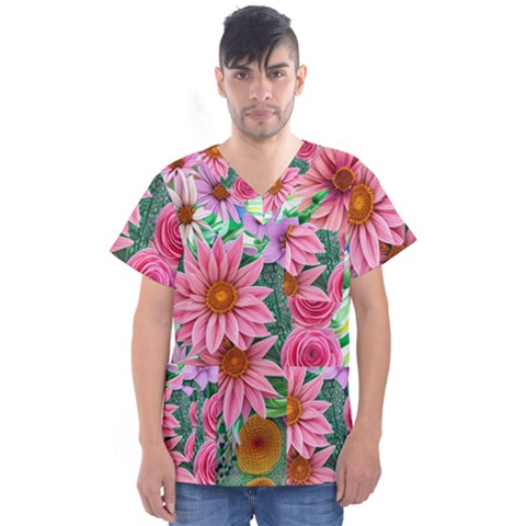 Enchanted Watercolor Flowers Botanical Foliage Men s V-neck Scrub Top by GardenOfOphir