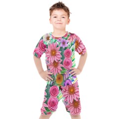 Enchanted Watercolor Flowers Botanical Foliage Kids  Tee And Shorts Set by GardenOfOphir