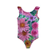 Enchanted Watercolor Flowers Botanical Foliage Kids  Frill Swimsuit by GardenOfOphir