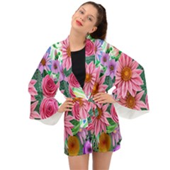 Enchanted Watercolor Flowers Botanical Foliage Long Sleeve Kimono by GardenOfOphir