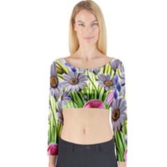 Expressive Watercolor Flowers Botanical Foliage Long Sleeve Crop Top by GardenOfOphir