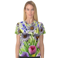 Expressive Watercolor Flowers Botanical Foliage V-neck Sport Mesh Tee