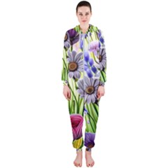 Expressive Watercolor Flowers Botanical Foliage Hooded Jumpsuit (ladies) by GardenOfOphir