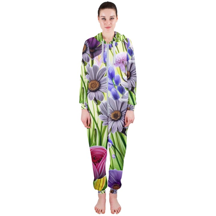 Expressive Watercolor Flowers Botanical Foliage Hooded Jumpsuit (Ladies)