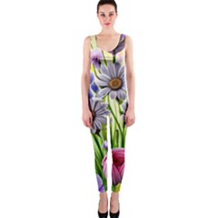 Expressive Watercolor Flowers Botanical Foliage One Piece Catsuit by GardenOfOphir