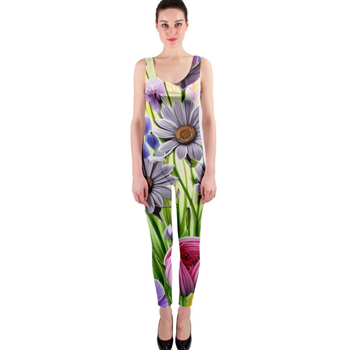 Expressive Watercolor Flowers Botanical Foliage One Piece Catsuit