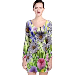 Expressive Watercolor Flowers Botanical Foliage Long Sleeve Velvet Bodycon Dress