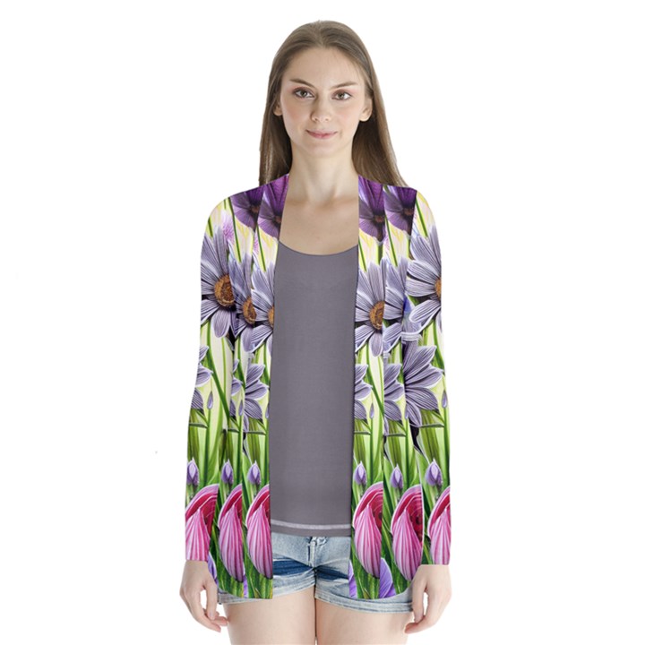 Expressive Watercolor Flowers Botanical Foliage Drape Collar Cardigan