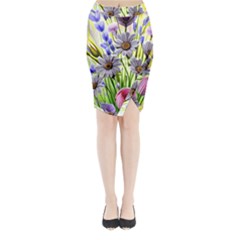 Expressive Watercolor Flowers Botanical Foliage Midi Wrap Pencil Skirt by GardenOfOphir