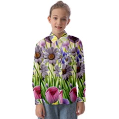 Expressive Watercolor Flowers Botanical Foliage Kids  Long Sleeve Shirt by GardenOfOphir