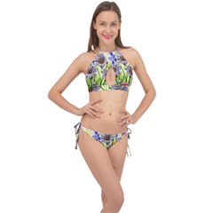 Expressive Watercolor Flowers Botanical Foliage Cross Front Halter Bikini Set by GardenOfOphir