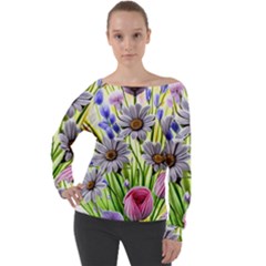 Expressive Watercolor Flowers Botanical Foliage Off Shoulder Long Sleeve Velour Top by GardenOfOphir