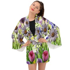 Expressive Watercolor Flowers Botanical Foliage Long Sleeve Kimono by GardenOfOphir