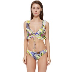 Expressive Watercolor Flowers Botanical Foliage Low Cut Ruffle Edge Bikini Set