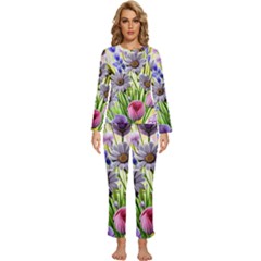 Expressive Watercolor Flowers Botanical Foliage Womens  Long Sleeve Lightweight Pajamas Set by GardenOfOphir