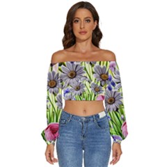 Expressive Watercolor Flowers Botanical Foliage Long Sleeve Crinkled Weave Crop Top