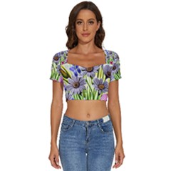 Expressive Watercolor Flowers Botanical Foliage Short Sleeve Square Neckline Crop Top  by GardenOfOphir