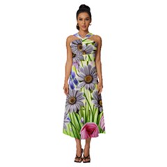 Expressive Watercolor Flowers Botanical Foliage Sleeveless Cross Front Cocktail Midi Chiffon Dress