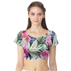 Delightful Watercolor Flowers And Foliage Short Sleeve Crop Top by GardenOfOphir