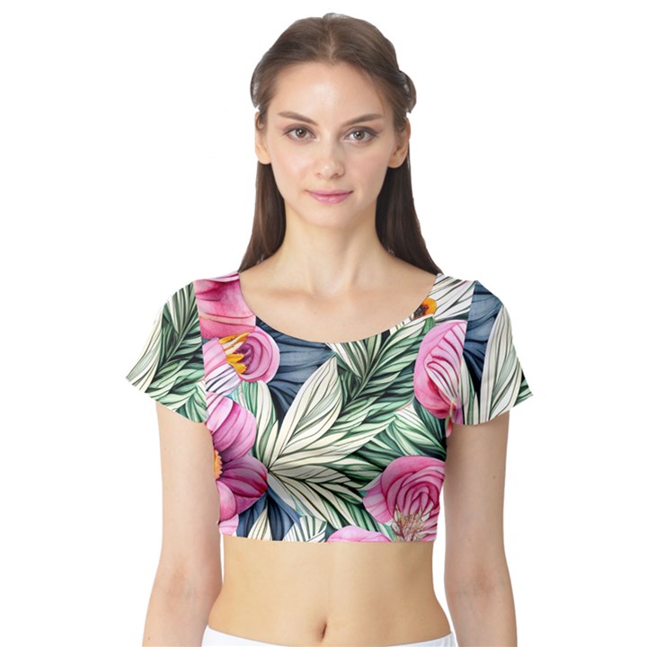 Delightful Watercolor Flowers And Foliage Short Sleeve Crop Top