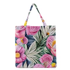 Delightful Watercolor Flowers And Foliage Grocery Tote Bag by GardenOfOphir