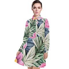 Delightful Watercolor Flowers And Foliage Long Sleeve Chiffon Shirt Dress by GardenOfOphir