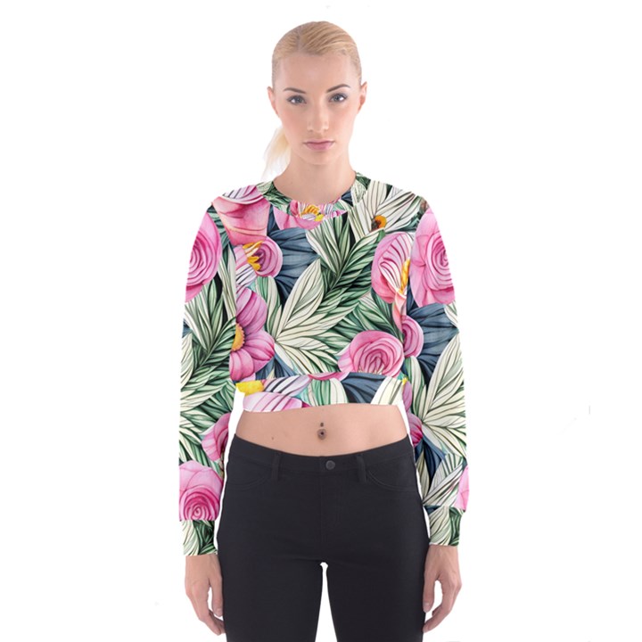 Delightful Watercolor Flowers And Foliage Cropped Sweatshirt