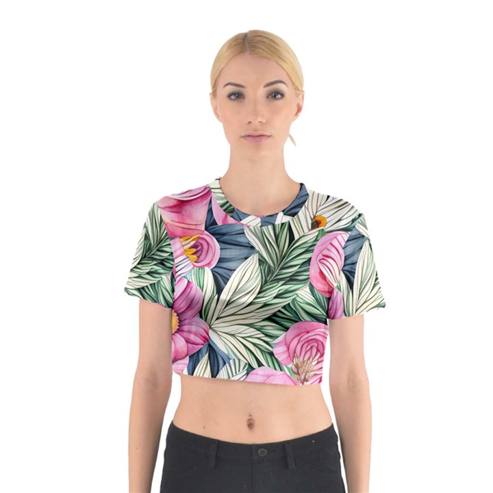 Delightful Watercolor Flowers And Foliage Cotton Crop Top