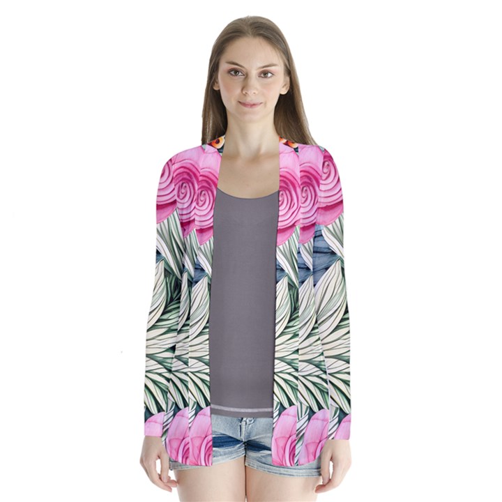 Delightful Watercolor Flowers And Foliage Drape Collar Cardigan