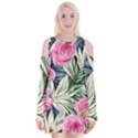 Delightful Watercolor Flowers And Foliage Velvet Long Sleeve Shoulder Cutout Dress View1