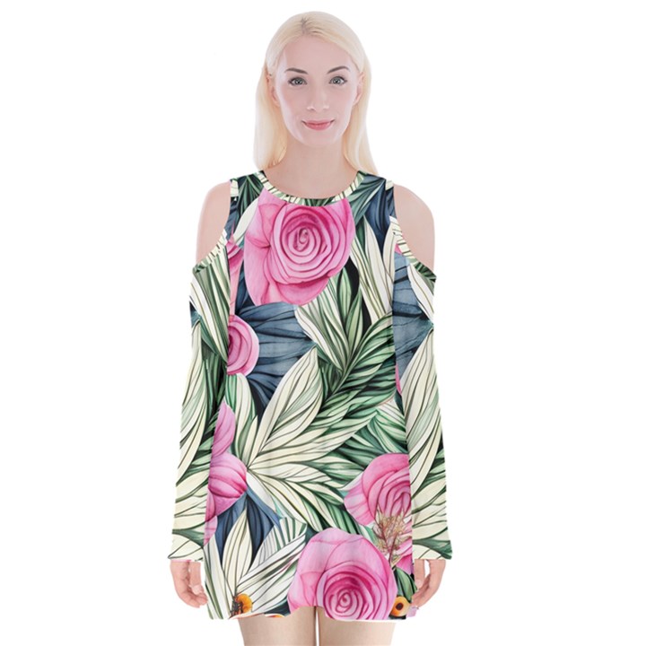 Delightful Watercolor Flowers And Foliage Velvet Long Sleeve Shoulder Cutout Dress