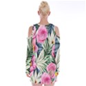 Delightful Watercolor Flowers And Foliage Velvet Long Sleeve Shoulder Cutout Dress View2