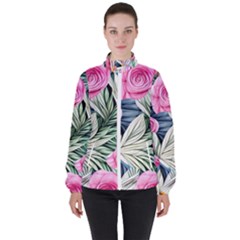 Delightful Watercolor Flowers And Foliage Women s High Neck Windbreaker by GardenOfOphir