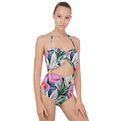 Delightful Watercolor Flowers And Foliage Scallop Top Cut Out Swimsuit by GardenOfOphir