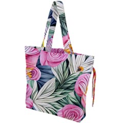 Delightful Watercolor Flowers And Foliage Drawstring Tote Bag by GardenOfOphir