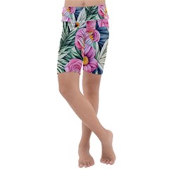 Delightful Watercolor Flowers And Foliage Kids  Lightweight Velour Cropped Yoga Leggings