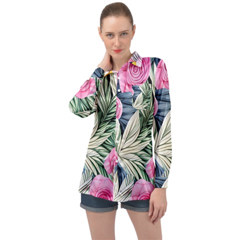 Delightful Watercolor Flowers And Foliage Long Sleeve Satin Shirt by GardenOfOphir