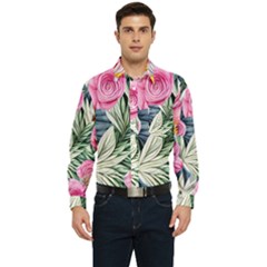 Delightful Watercolor Flowers And Foliage Men s Long Sleeve Pocket Shirt  by GardenOfOphir